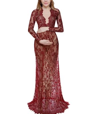 Maternity Dress Lace Women Pregnant Women Costume Photoshoot Pregnant Photo Studio Baby Shower Polyester Sexy Wine Red [Misia Luxury] V-Neck