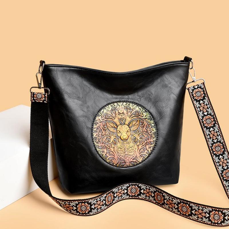 Borsa a Spalla in Pelle Ricamata con Cervo Vintage per Donna - Borsa a Tracolla Tote Bohemienne con Tracolla Etnica, Borsa a Mano Moda Retro