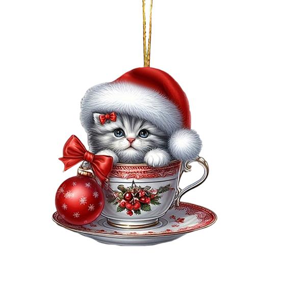Acrylic Teacup Cat Hanging Ornaments Cute Cartoon Cat Christmas Ornament 2D Flat Car Mirror Charm for Christmas Tree Decoration KTY