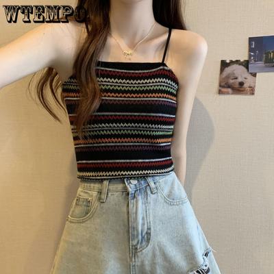 Colete feminino listrado de malha, estilo francês, elegante, slim fit, camisa de emagrecimento, sem mangas, top