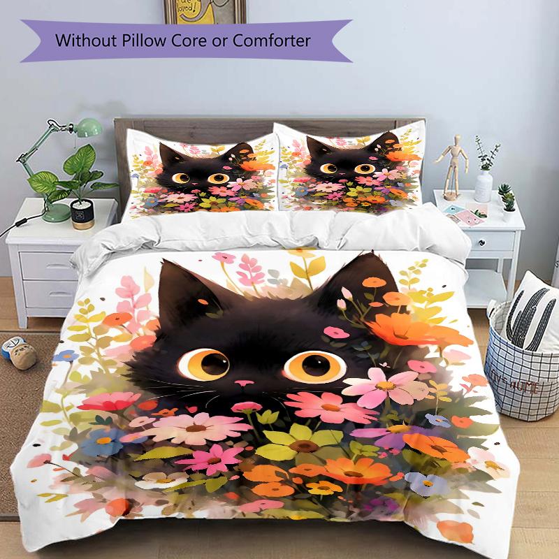 

3pcs Flower Black Cat Pattern Bedding Set, 1* Cover + 2*Pillowcases, Printed Bedding Set, Soft and ComfortableN034 135x200cm