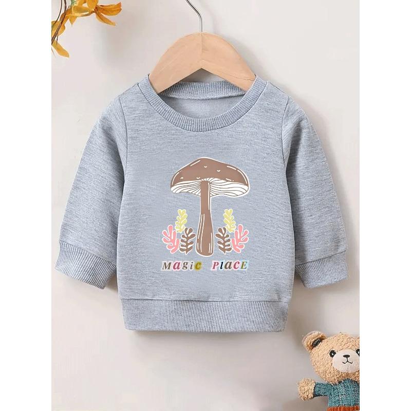 European sizes Cute Mushroom Print Kids' Spring Lightweight Round Neck Sweatshirt, Comfortable Outdoor Wear Choice for 0-3 Years Old