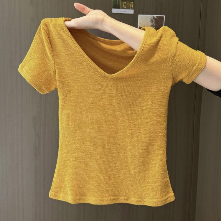 Pure Desire Sexy V-neck Front Shoulder Short-sleeved T-shirt Women's Summer 2026 New Slim-fit Korean Version of Texture Short Top and Clothing
