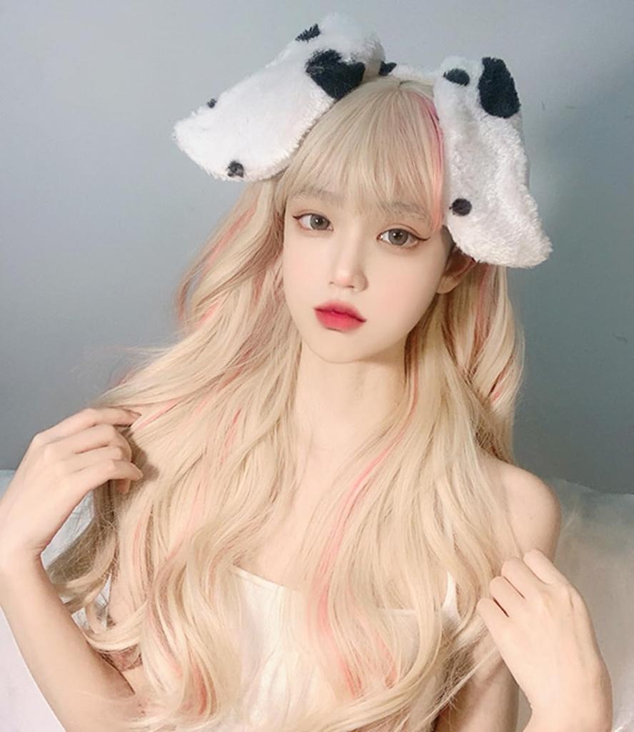 RyuuCos Lolita Wig Long Hair Curly Bangs Gold Pink Wig Cosplay Milk Gold Pink Highlights Natural Harajuku Cosplay Heat Resistant Disguise Costume Gift
