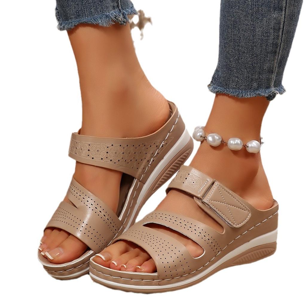 2025 new foreign trade women's wedge slippers large size one word with casual fish mouth wedge slippers