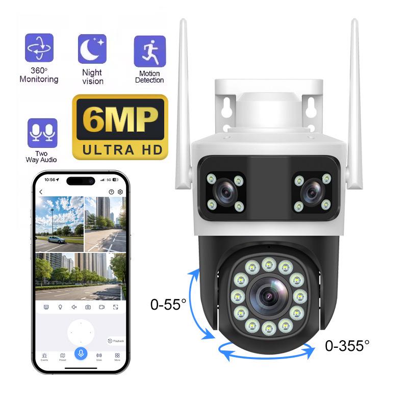 4G Wireless 3-Lens 3K Outdoor Home Security Camera, 6MP WiFi Network