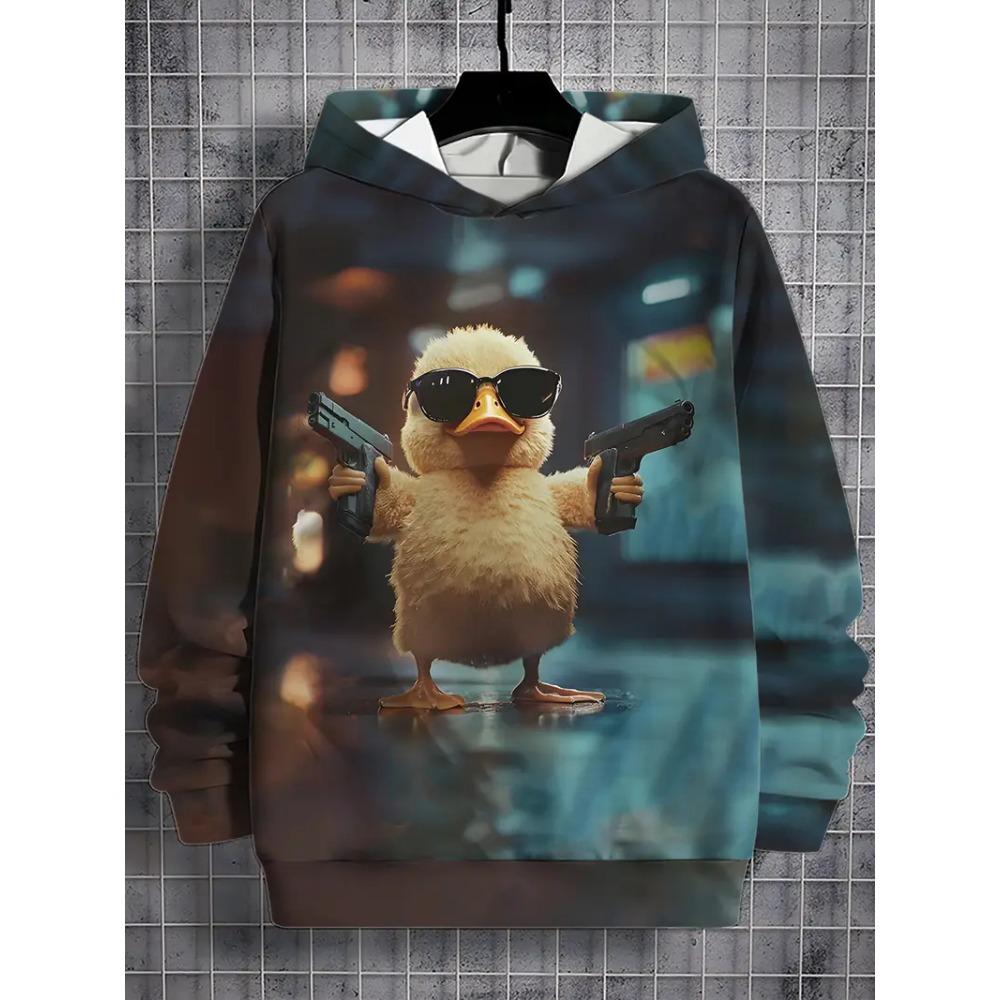 Novel Cartoon Duck Pattern 3D Printed Autumn and Winter Men's Hoodie with Pockets, Casual Pullover