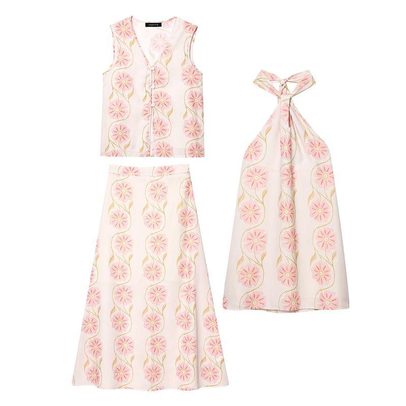 Kaslead New Arrival Women's Clothing Fashion Style Print Halterneck Dress Vest Top and Skirt Three-Piece Set