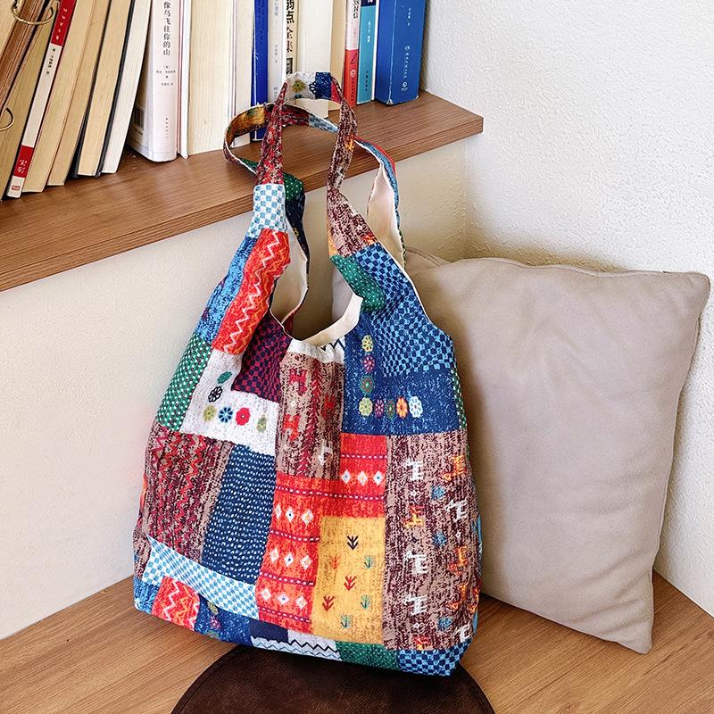 New women's bag retro ethnic style contrasting color collage shoulder hand satchel large capacity underarm canvas bag women's shoulder bag