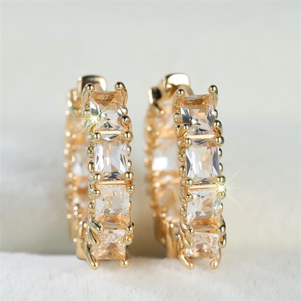 Rectangle Stone White Zircon Round Hoop Earrings For Women Vintage Gold Color Ear Buckle Wedding Jewelry Bridal Engagement Gifts
