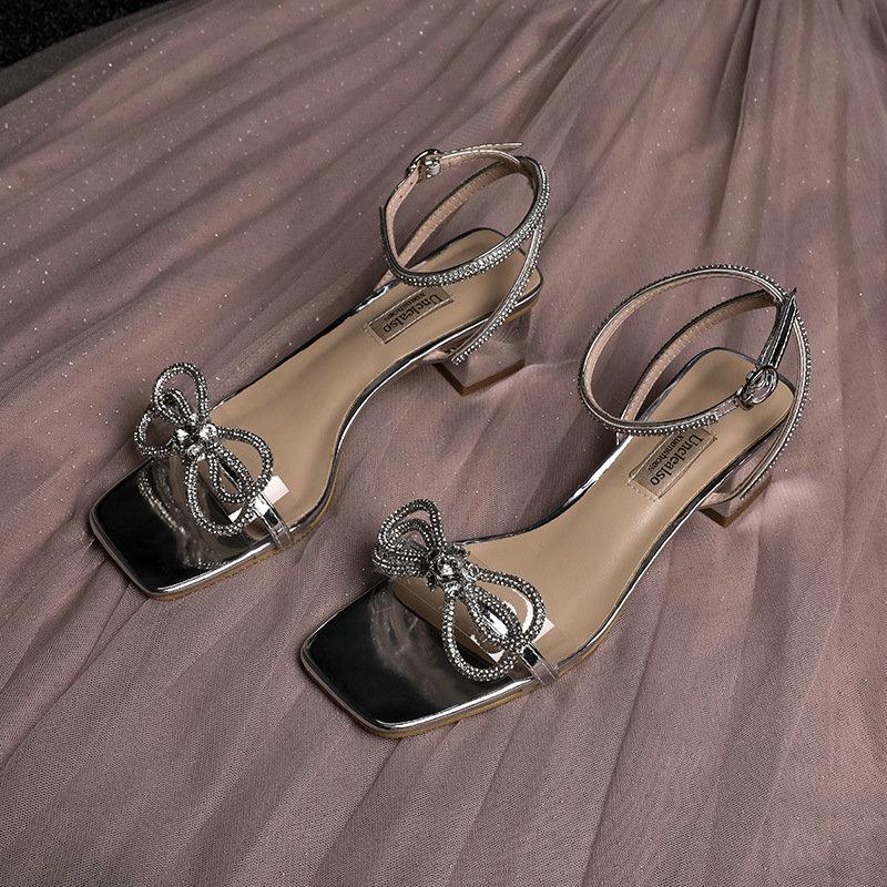 Fashion 2025 Sandals Women'S Summer New Fairy Net Red Beaded Bow Crystal Chunky Heel Women'S Shoes