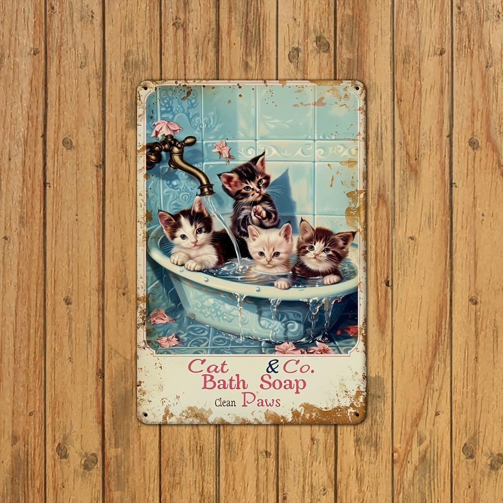 Vintage Cat Bath Soap Metal Tin Sign - Playful Cats In Basin Scratchboard, Iron Wall Art Decor for Home