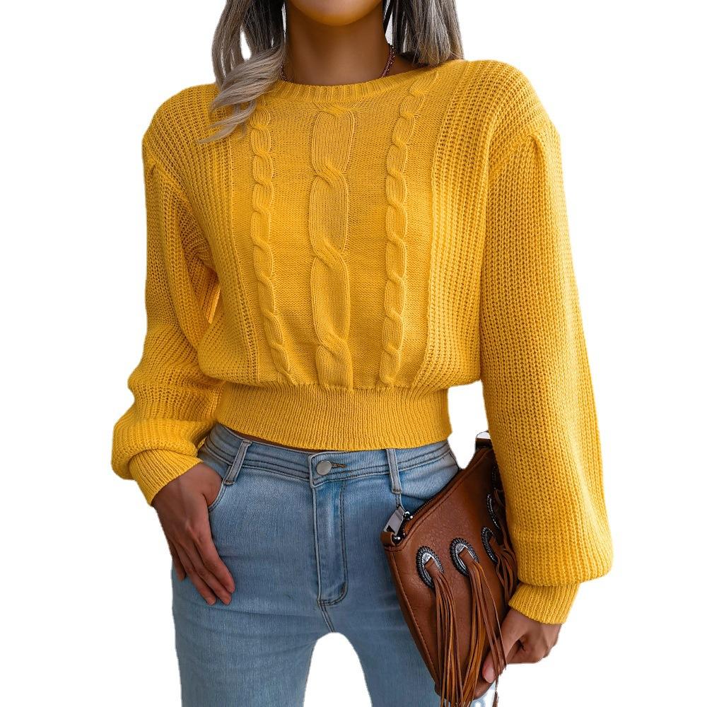 Women's Long-Sleeved Sweatshirt-Style Knit Jumper with Twisted Lantern Sleeves and Cinched Waist