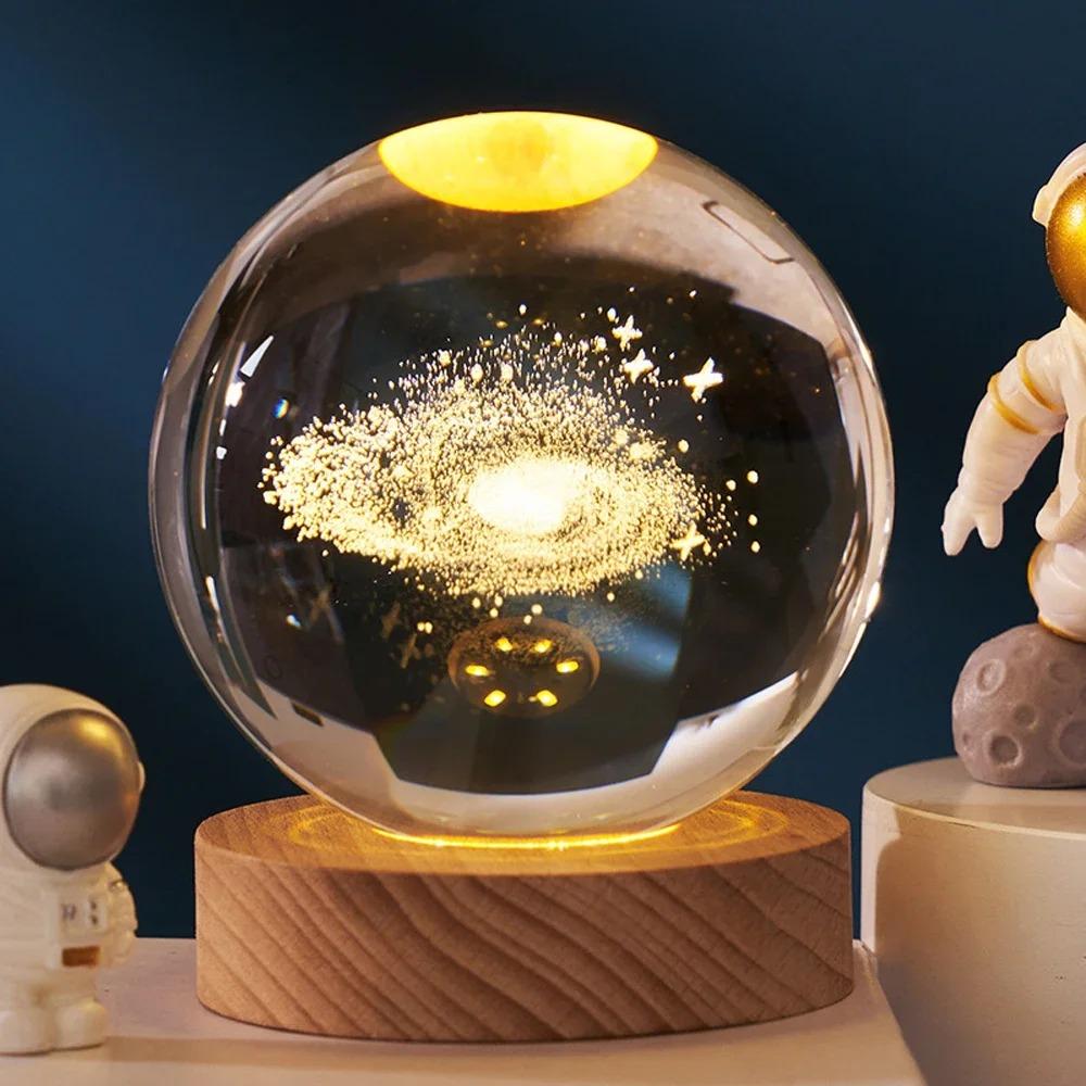 Hot 6cm 3D Crystal Ball Stitch Pikachu Wooden Base with 6cm Crystal Ball Planet Night Light Laser Carving Children's Gifts