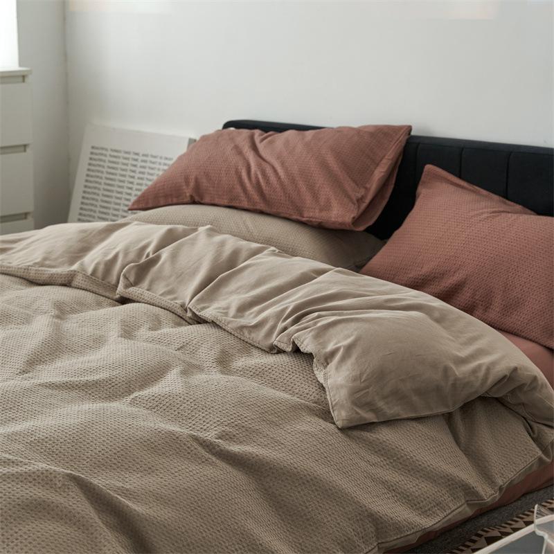 Class A, Maternal And Infant Grade Cotton Double-Layer Yarn 4Pcs Set, Pure Cotton Dormitory 3Pcs Set, Solid Color Bed Sheet Waffle Single Quilt Cover