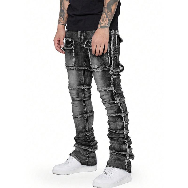 New Retro Cargo Jeans Men Stretchy Ripped Washed Y2k Pants Straight Leg Male's Patched Denim Trousers 2025 Spring Autumn