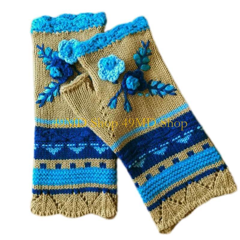 49MD Women Winter Knit Fingerless Gloves Multicolor Crochet Floral Thumbhole Mittens
