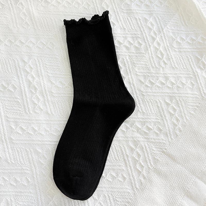 

Черные носки до середины икры с бахромой на ушках, женские носки, носки с отворотом, кружевные однотонные хлопковые носки, универсальные осенне-зимние носки 1 pair чёрный
