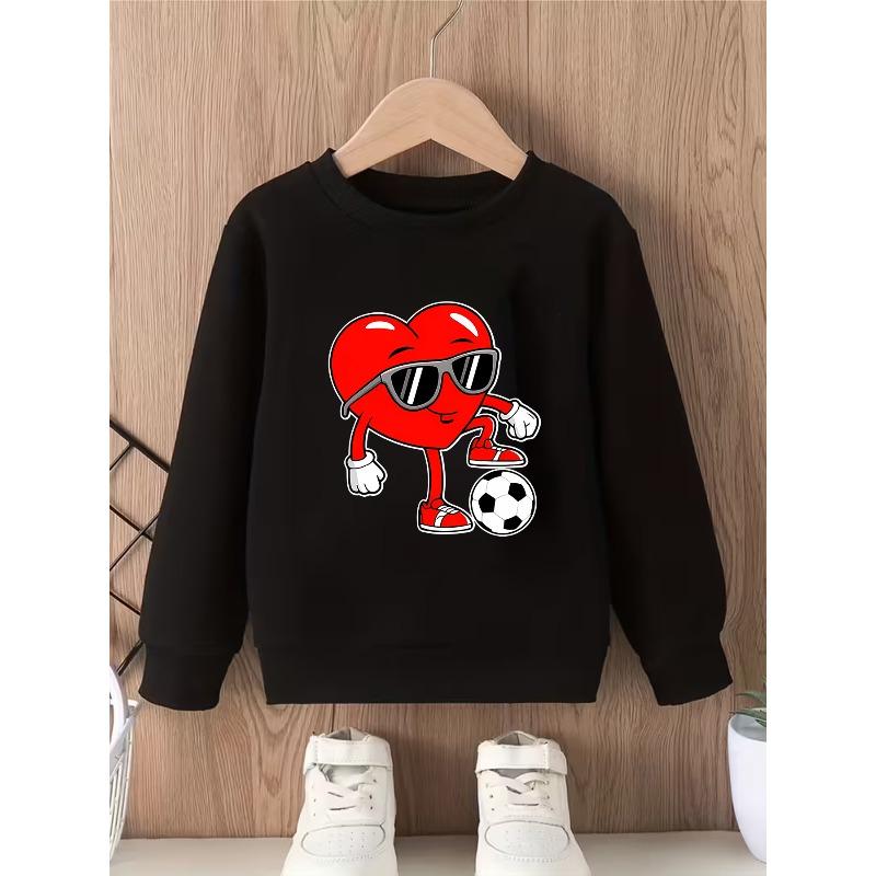 European sizes Valentine's Day Kids' Crewneck Sweatshirt - Stylish and Versatile Lightweight Sweatshirt with Heart and Soccer Ball Print