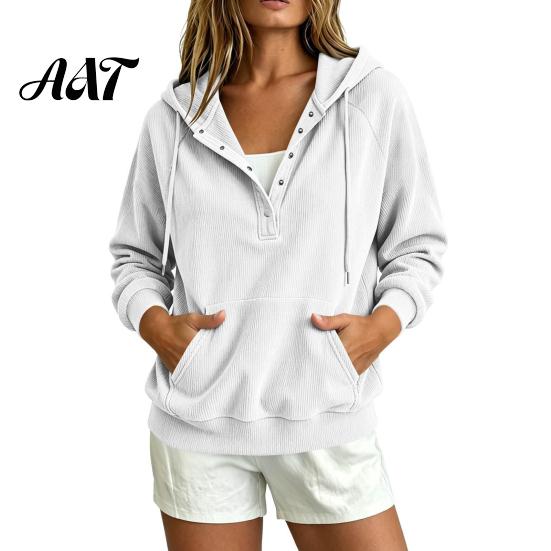 Soft Corduroy Hoodie Autumn Women with Kangaroo Pocket, Solid Color Long Sleeve Hooded Top Sleeves Pullover Sweatshirt, Button Collar Drawstring S