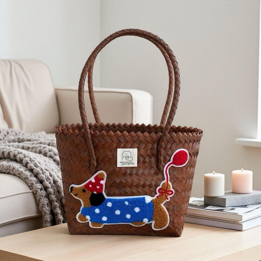 Dackel Welpe Gewebte Handtasche mit Bambusgriff Vintage Strandtasche
