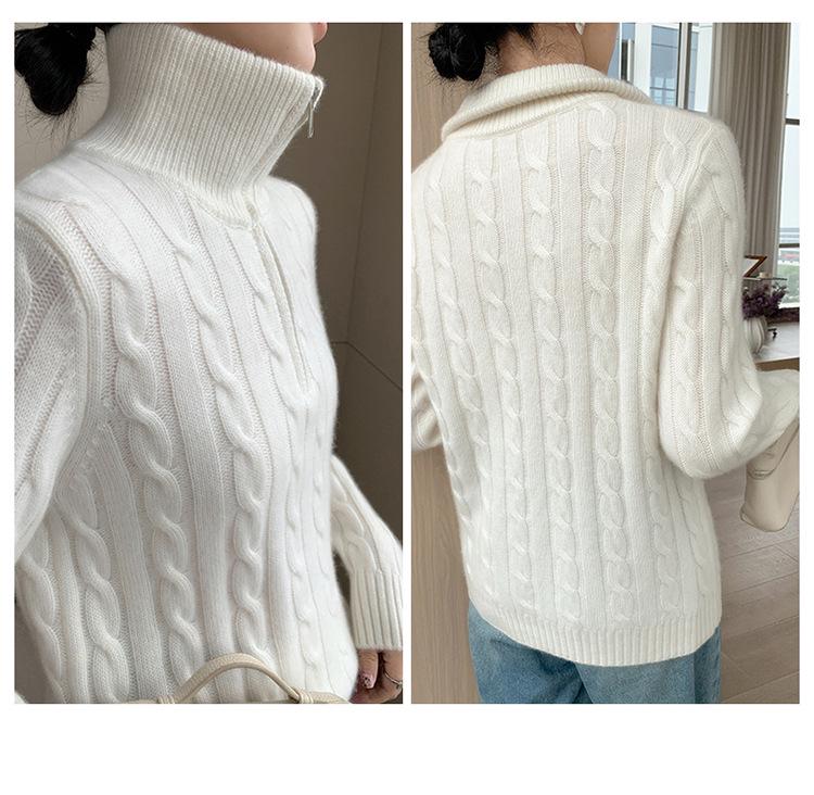 Women's Cashmere Sweater: 2026 Full Cable Knit, Solid Color, Long Sleeve, Half Zip Pullover for Autumn/Winter.