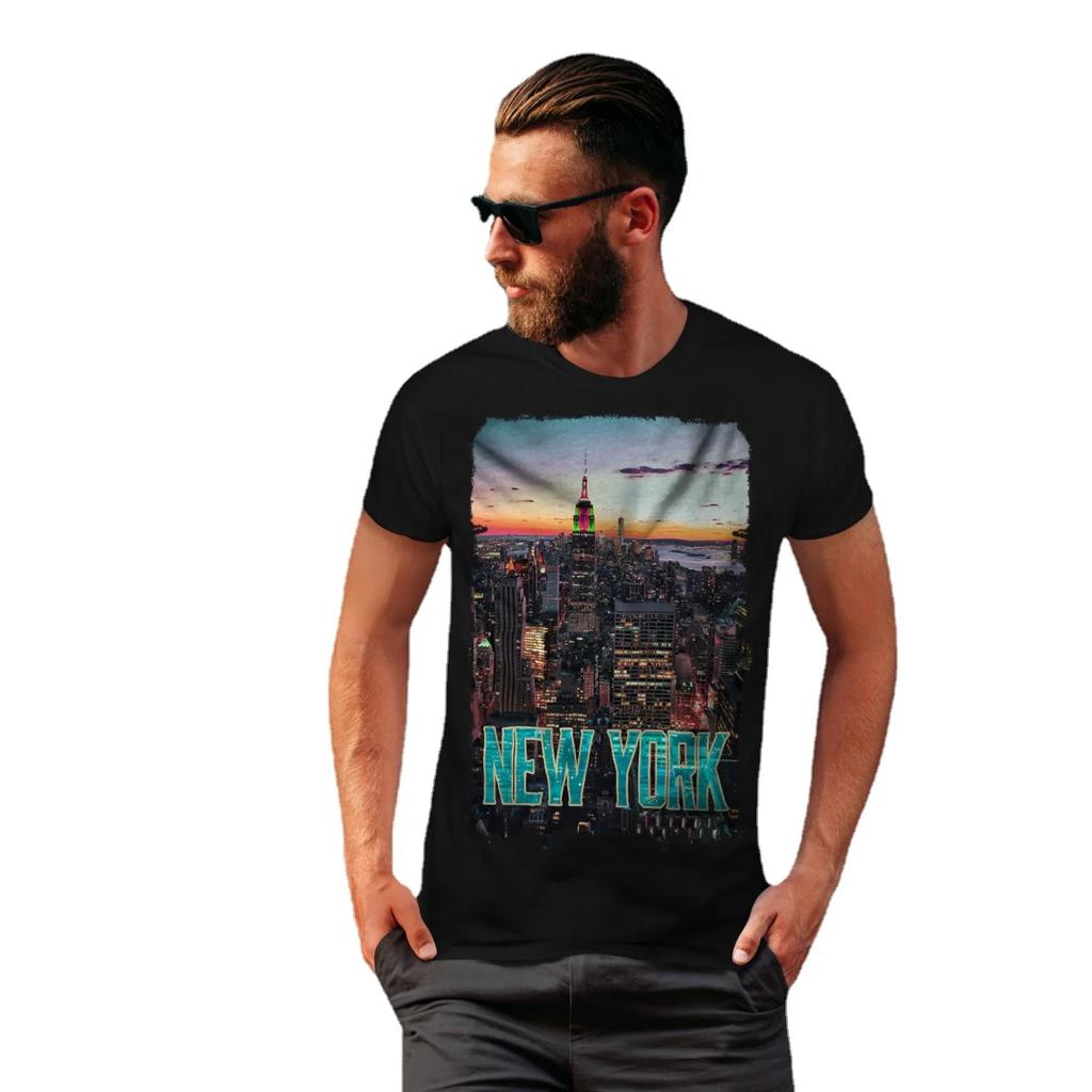 Men's York Sunset City Graphic Design Printed T-Shirt. Summer Cotton Short Sleeve O-Neck Unisex