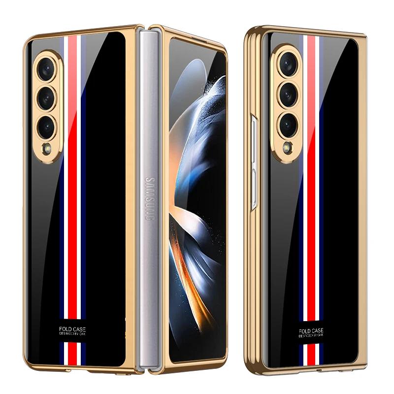 Luxury Plating Frame Case For Samsung Galaxy Z Fold 4 5G Painted Pattern Tempered Glass Hard Cover For Galaxy Z Fold5 4 3 Case