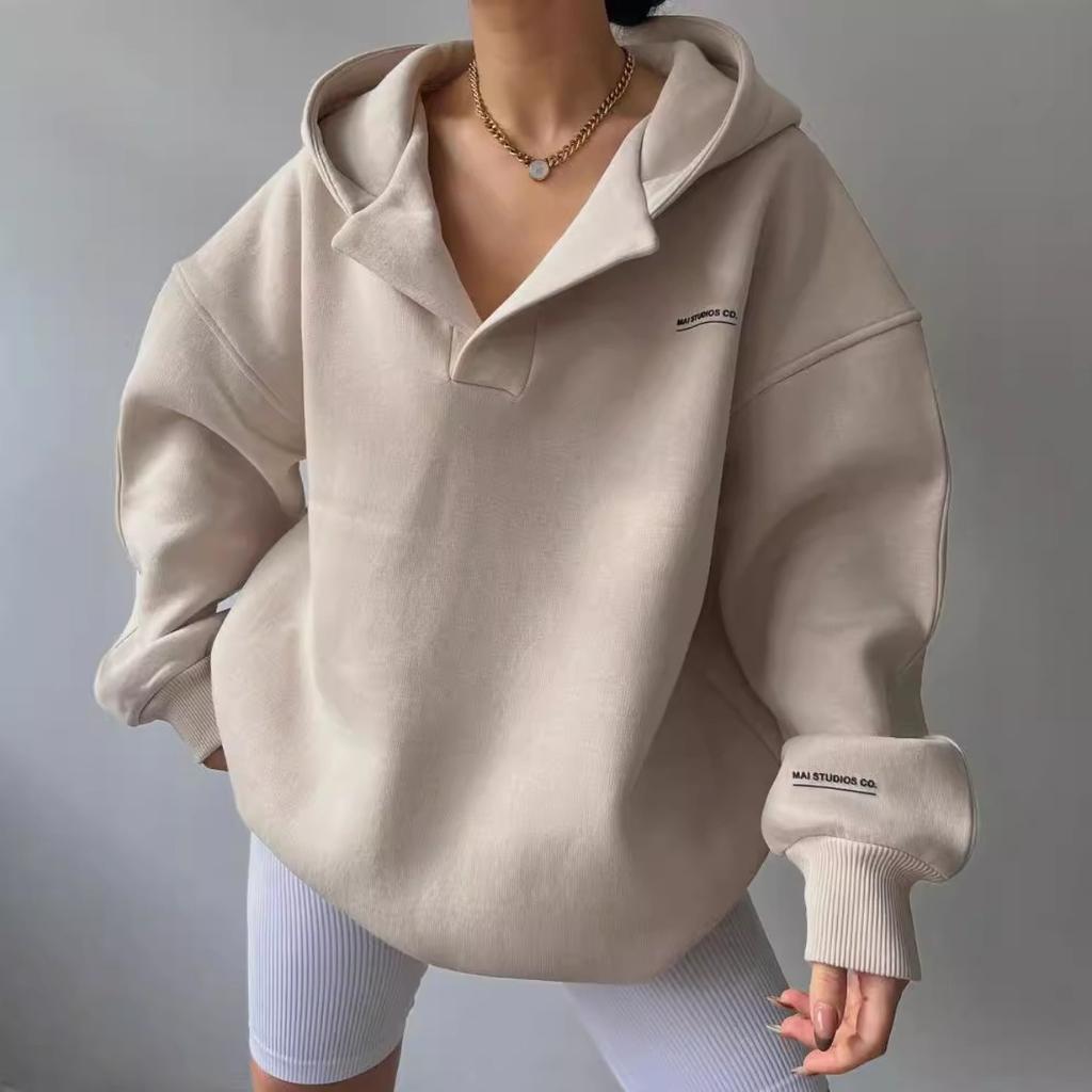 Women's Hood Neck Long Sleeve Fleece Lined Hoodie Loose Fit Daily Commuter Casual Pullover Sweatshirt