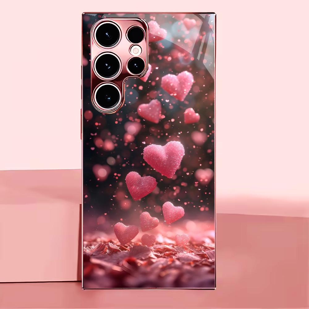 Pink heart-shaped metallic paint glass phone case suitable for Samsung Galaxy S26 S25 S24 S22 S21 S20 FE/Ultra/Plus anti drop