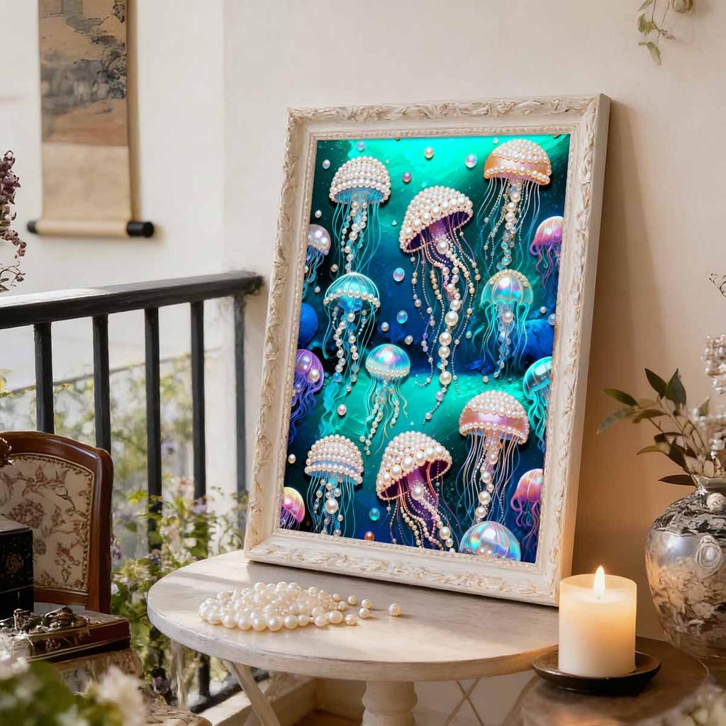 5D DIY Frameless Pearl Painting Jellyfish Pattern Painting Kit, Suitable for Home Living Room Bedroom and Other Wall Decoration Art Paintings