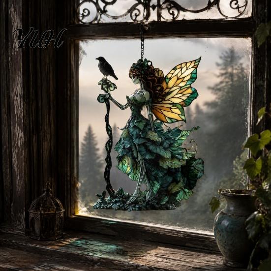 Colorful Light Catchers Stained Glass Style Skeleton Fairy Window Hanging Suncatcher, Acrylic Decorative Ornament with Butterfly Wings Sun Catcher for