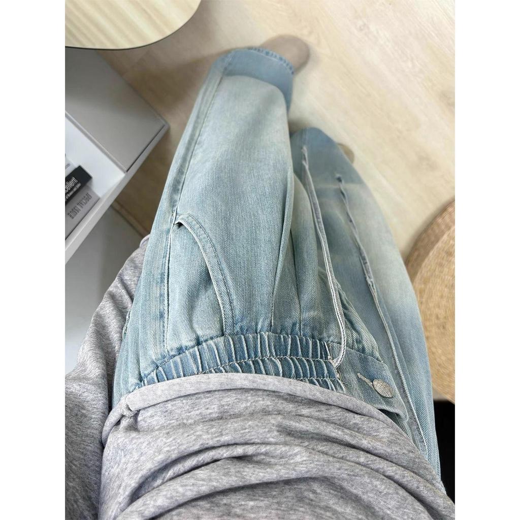 Plus-Size Women's Wide-Leg Ice Silk Jeans, Slimming and Loose with Drawstring Waist for Summer