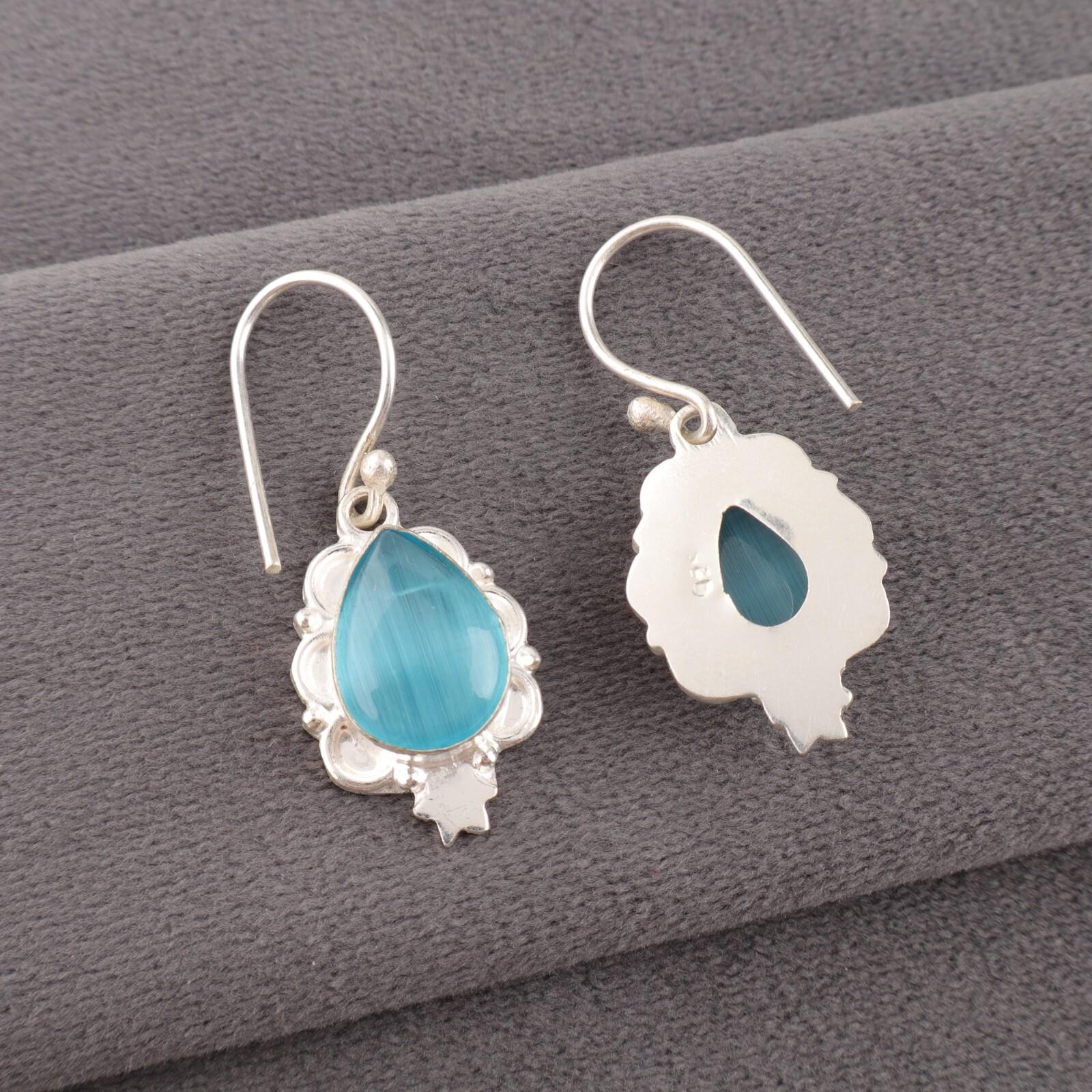 

Blue Cat s Eye Earrings 925 Sterling Silver Gemstone Jewelry Anniversary Gift EE-163-37