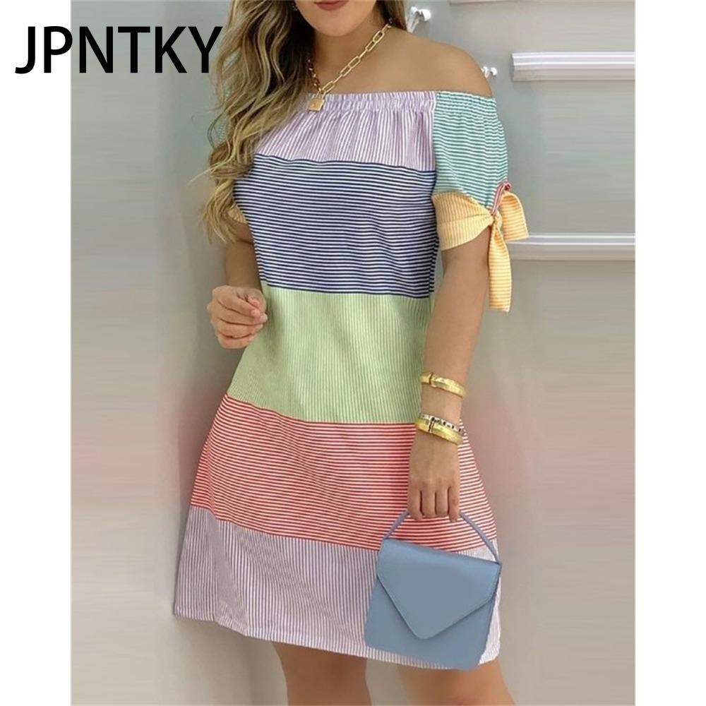 JPNTKY Women Fashion Off Shoulder Dress Short Sleeve Bow Tie Print Dresses Summer Beach Dresses Plus Size