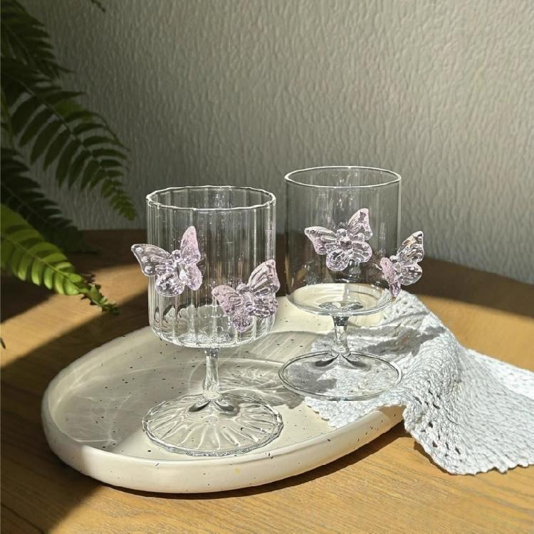 Handcrafted Pink Butterfly Design Glass Cup 250Ml Multipurpose Decorative Jar Drink Cup Great For Office And Home