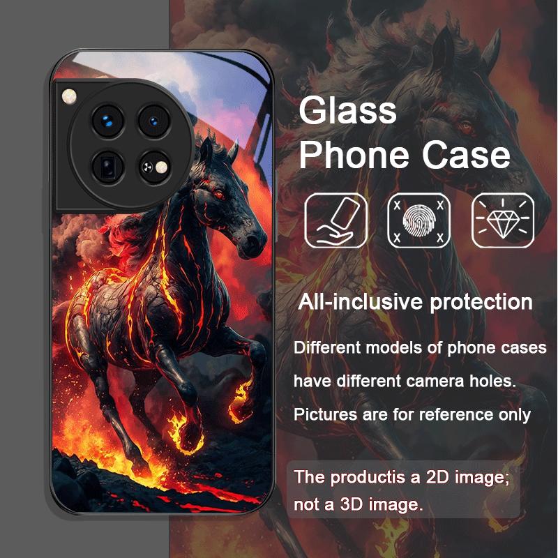 Creative Flame Black Horse Pattern Tempered Glass Phone Case for OnePlus 13R 12 11 10 Pro ACE2 ACE3 Nord CE4 CE3 CE2 Lite Cover