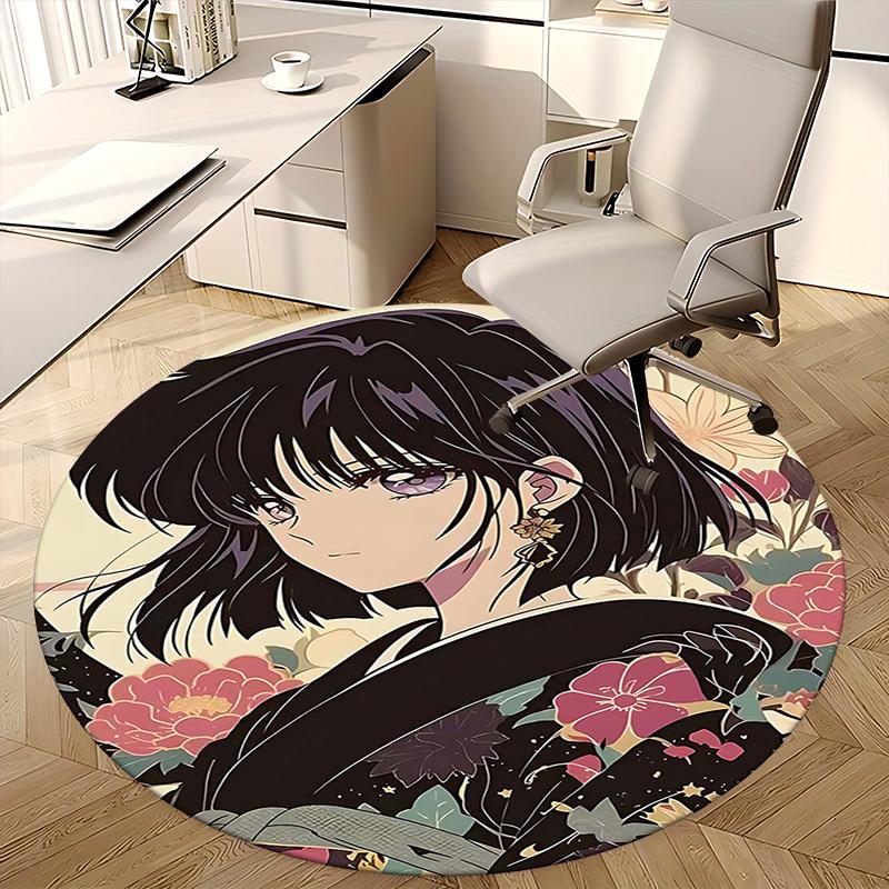 1pc Anime Design Round Carpet Floral Kimono Pattern Chair Mat for Office, Home Decor, Living Room, Bedroom