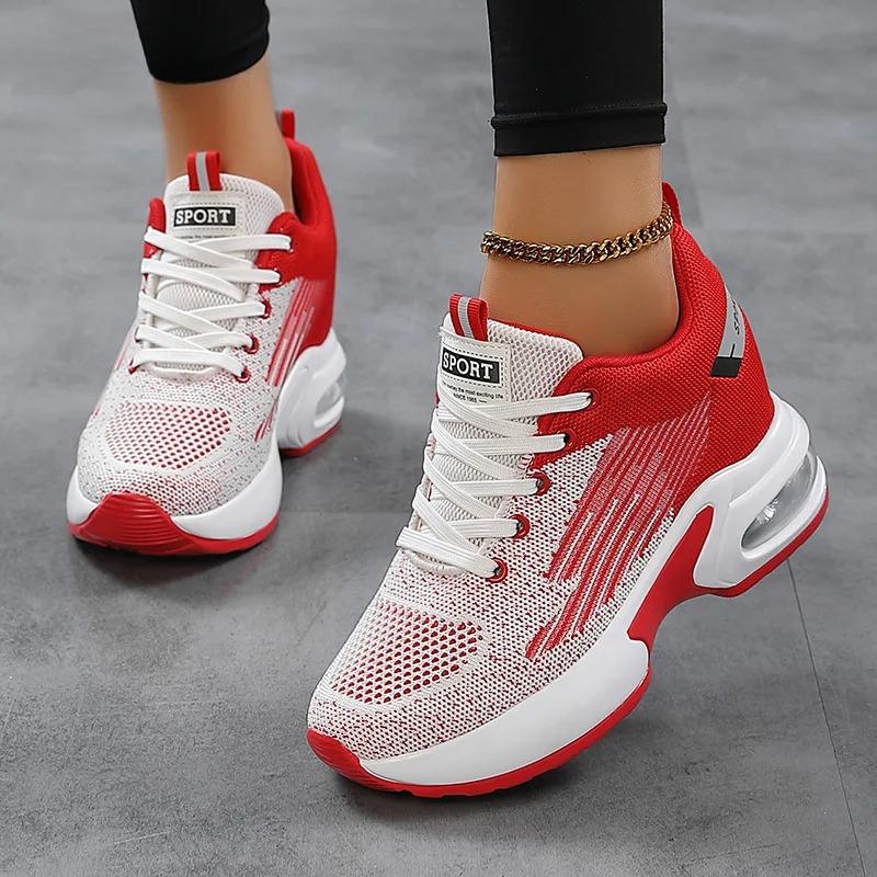 Women's Air Cushion Sneakers Fashion Breathable Mesh Casual Sports Shoes Non-slip Knitted Walking Footwear Height-increasing