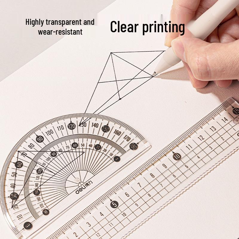 Deli VC126 Transparent Ruler & Protractor Set: Anti-break, Straight/Square for Students