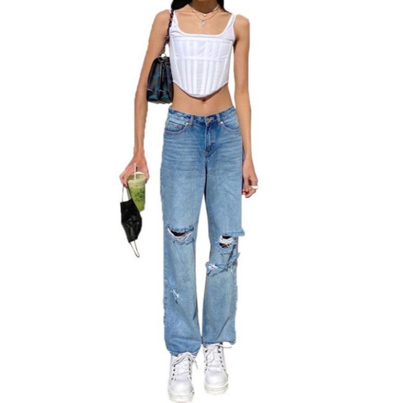 Jeans da Donna a Vita Alta Gamba Dritta Strappati, Pantaloni in Denim Sbiaditi con Effetto Usurato che Sollevano i Fianchi, Orlo Sfilacciato, Vintage, Larghi, Casual, Streetwear, Pantaloni Lunghi