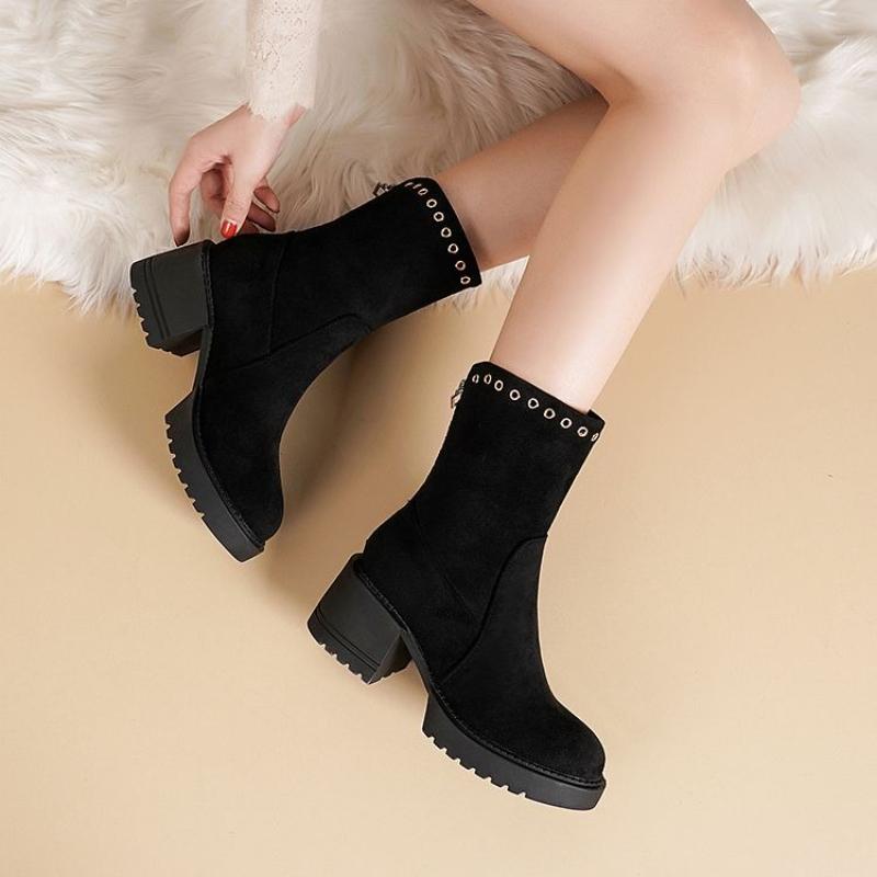 Fashion Black Chunky High Heels Women's Snow Boots Winter Fleece-lined Booties Comfortable and Elegant Fashion Ladies Shoes on Promotion