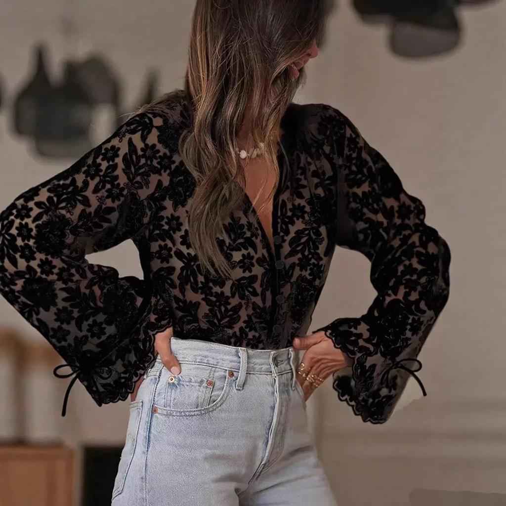 Fashion Sexy Hollow Out See Through Mesh Lace Shirt Sweet Blouse Loose Casual Slim Long Sleeve Crochet Elegant Tops
