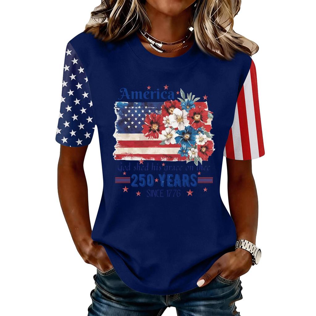 Blusa Feminina da Moda Casual de Manga Curta com Estampa e Gola Redonda