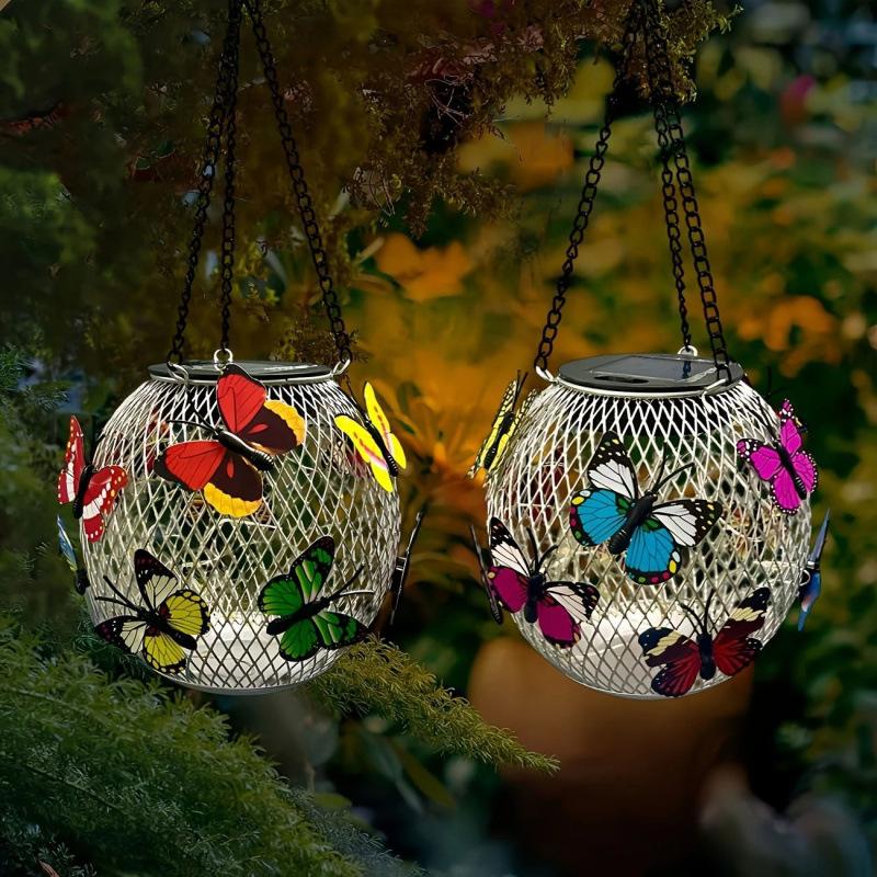 Solar‑Powered Metal Hanging Butterfly Lantern Outdoor Light Yard Decor Ornament for Garden Patio Holiday Festival Home Decoration Gift Supplies