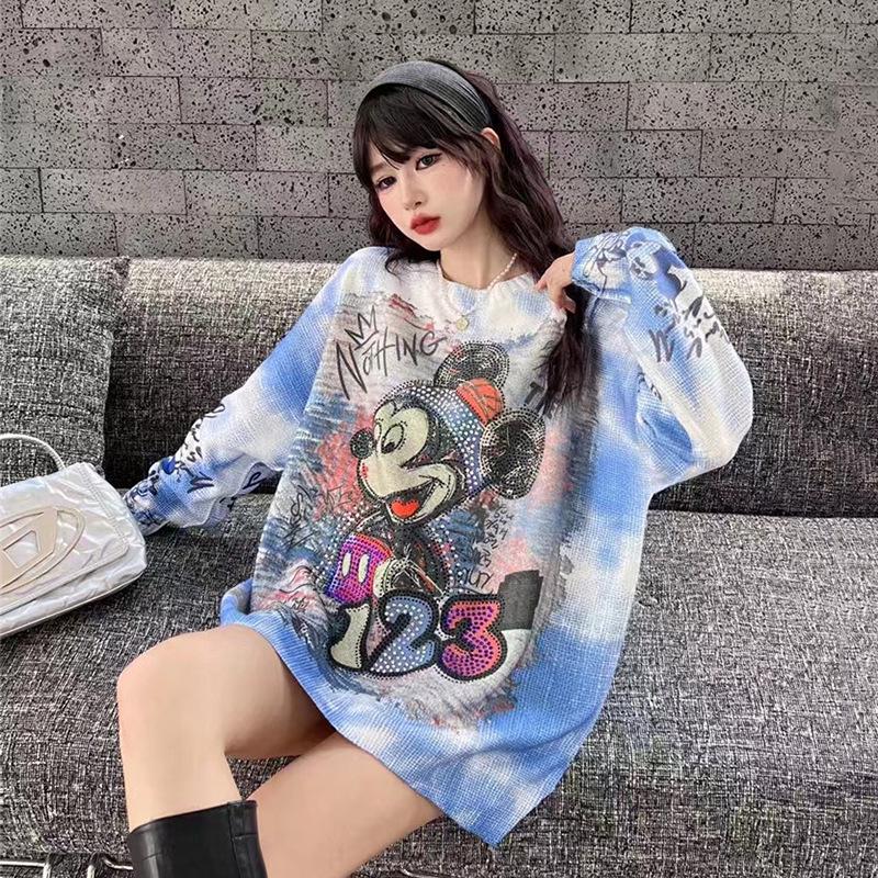 Korean Oversized Mid-Length Cartoon Tie-Dye Sweater for Trendy Girls