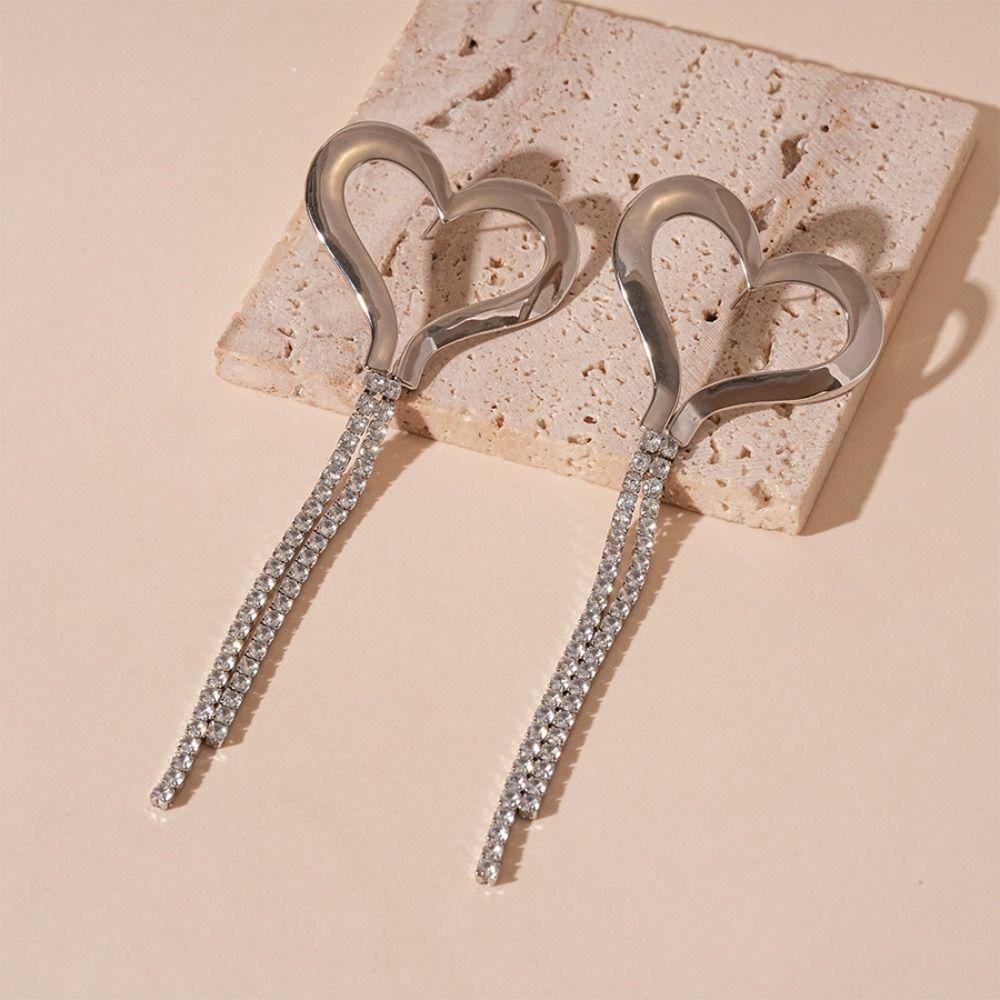 Temperament Heart Earrings Rhinestone Drop Earrings Fashion Long Tassel Earrings  Wedding