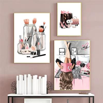 Collection de maquillage rose girly mode Cils Rouge à lèvres Parfum Affiche Peinture sur toile Art mural Images Décoration de maison Chambre