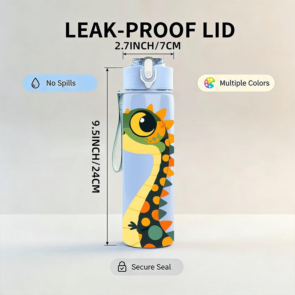 1PC Tall Green Dinosaur Cartoon 750ml Color Plastic Sports Water Bottle Leakproof Flip Straw Lid Suitable for Sports Office Home Use