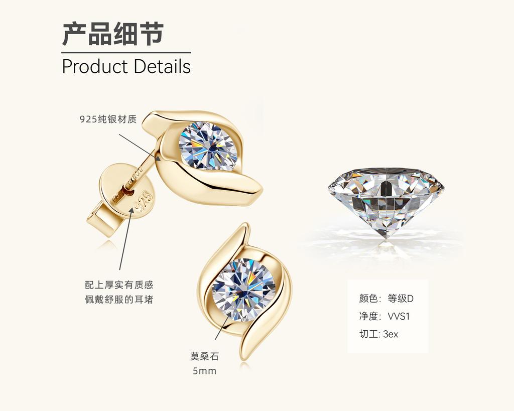 Silvere Glam Fashionable, Light Luxury and High-end Moissanite Ear Studs, a Niche Design for Women, S925 Sterling Silver Earrings